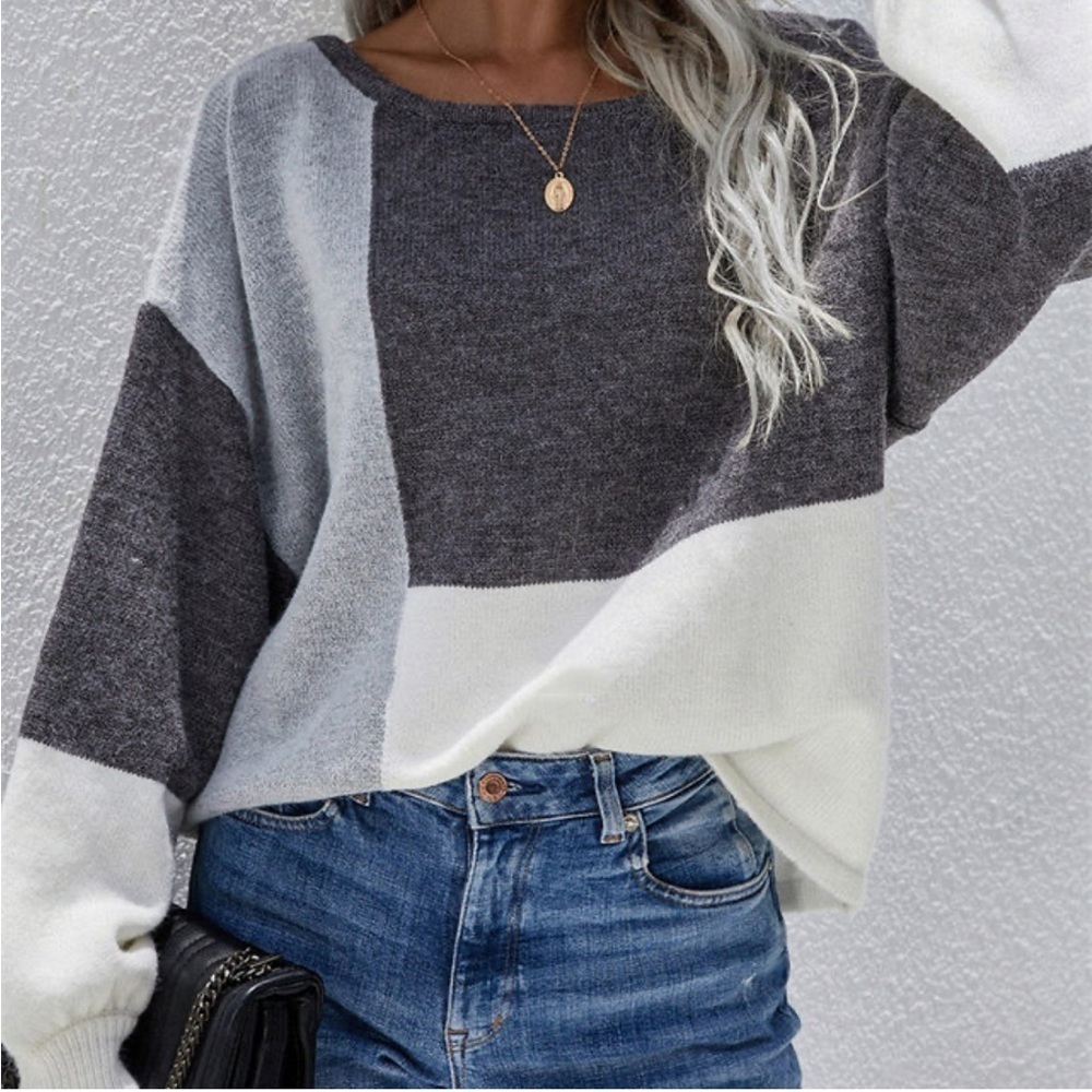 C+D+M patchwork color block knitted sweater gray cream tie in back keyhole